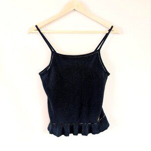 Tommy Hilfiger Black Y2K Spaghetti Strap Knit Top Beaded with Ruffles Size SP